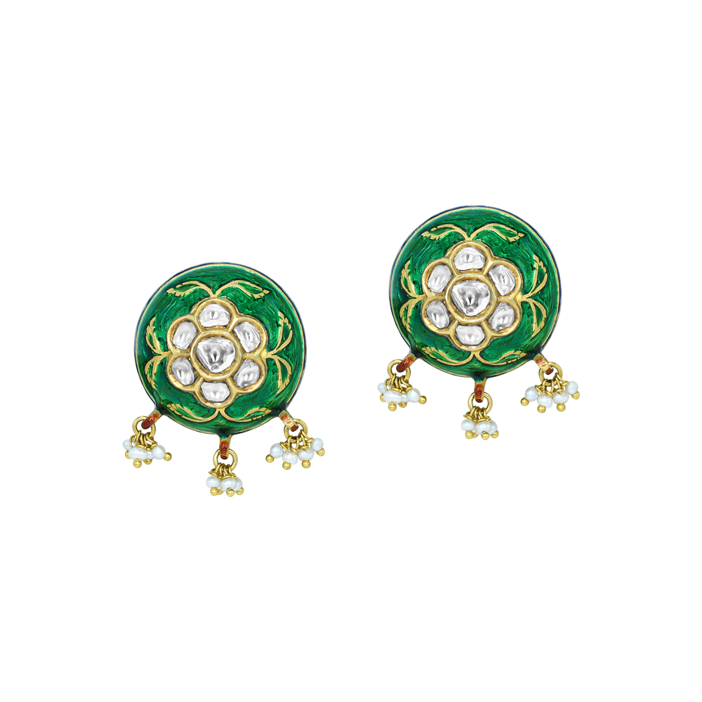 Green Enamel Earrings with Polki Floral Motifs and Pearl Drops